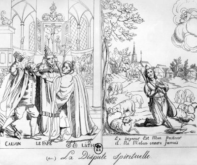 Caricature Depicting a Spiritual Dispute Between Pope Leo X, Martin Luther, and John Calvin, 1838 by French School